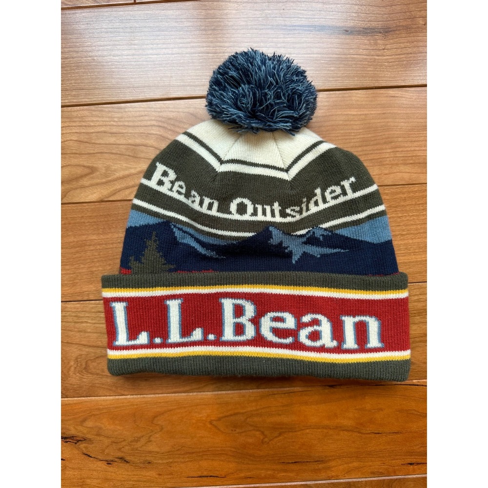 LL Bean Outsider Beanie Knit Hat Pom Pom Mountain Landscape Green Blue Red
